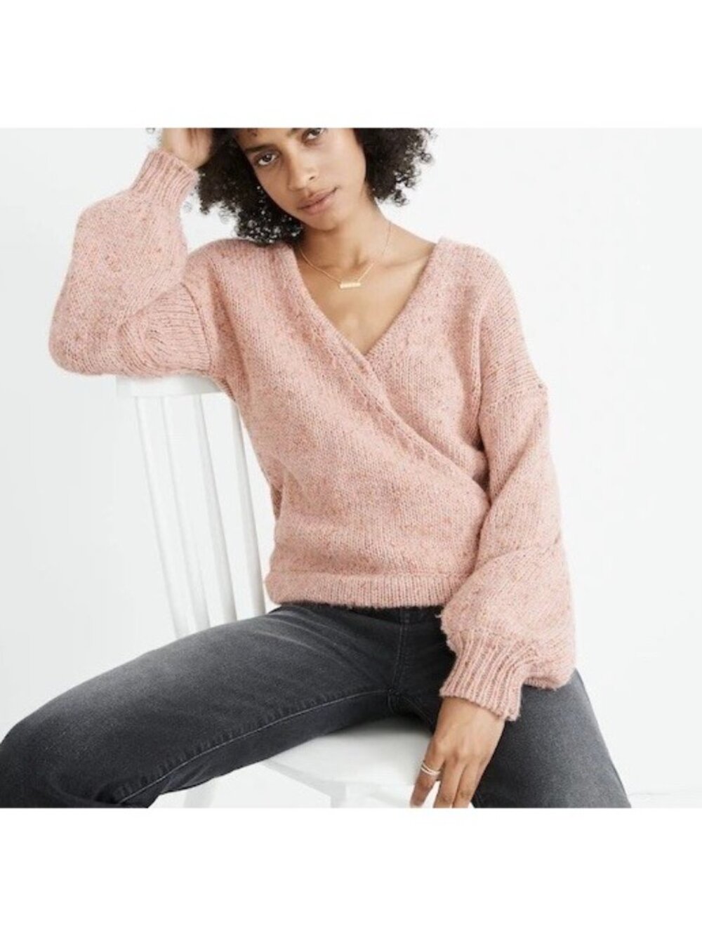 Madewell Women’s Beresford Wrap-Front Pullover Sweater Knit Wool Blend Pink M